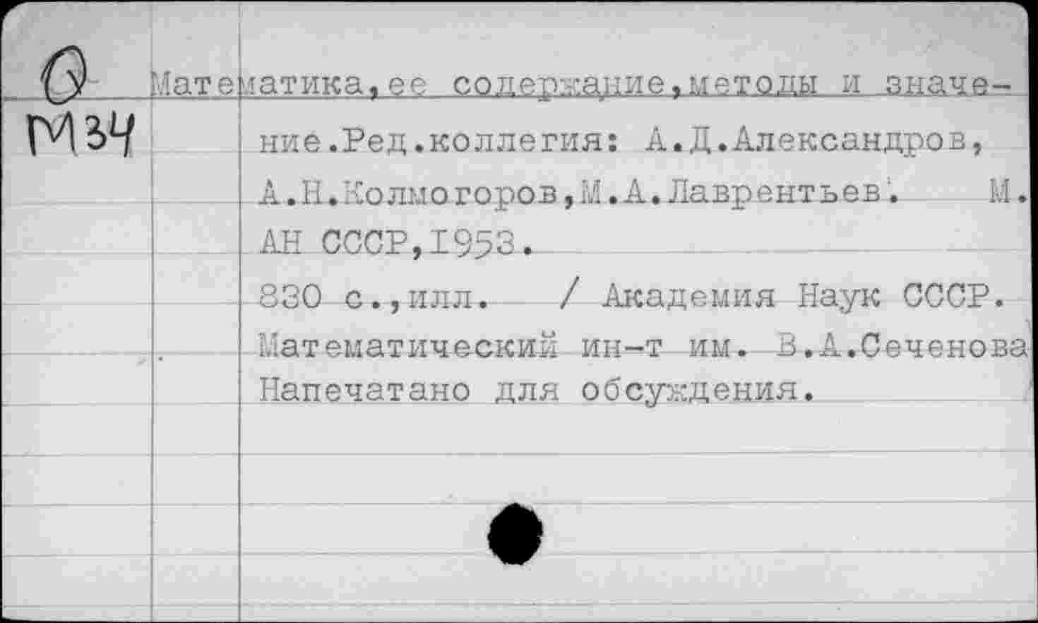 ﻿6	Мат е		” латика^ее содержание,методы и знача-
№>4		ние.Ред.коллегия: А.Д.Александров, А.Н»Колмогоров,М.А.Лаврентьев.	М.
		АН СССР,1953.
		830 с.,илл. / Академия Наук СССР.
		Математический ин-т им. В.А.Сеченова
		Напечатано для обсуждения.
		
		
		
		